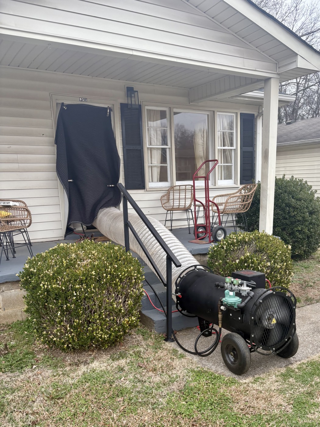 EcoForce bed bug heat treatment equipment staged at the front porch of a Middle Tennessee home